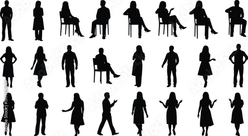 Collection of twenty-four black human silhouettes in diverse standing and seated postures, showcasing gestures and body language for design, psychology, and communication studies