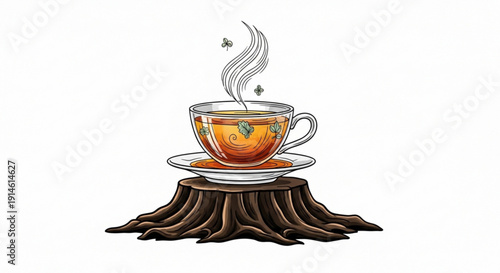 Steaming cup of tea on tree stump warm golden liquid cozy atmosphere natural setting