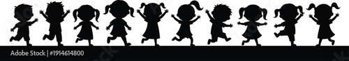 Cartoon silhouettes of happy children jumping and running on a black line, joyful kids group, childhood celebration, play activities vector