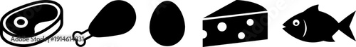 Silhouette icons of fish, cheese, egg and meat on white background