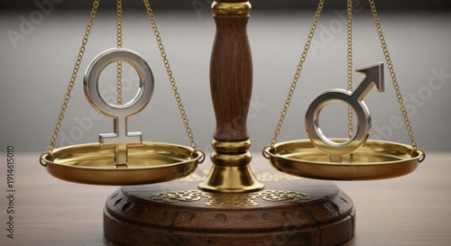 Balanced scales with male and female symbols on each side equality concept