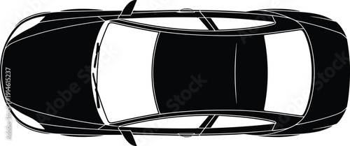 Minimalist top view illustration of car design in black and white, highlighting roof, windows, mirrors, and contours for vehicle layout and navigation diagrams