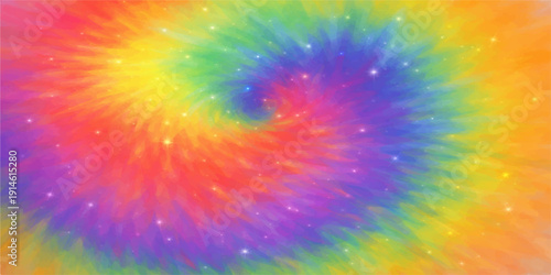 A vibrant psychedelic rainbow fractal burst creates a colorful abstract background featuring a bright digital swirl pattern and pink spectrum lines for a decorative wallpaper backdrop