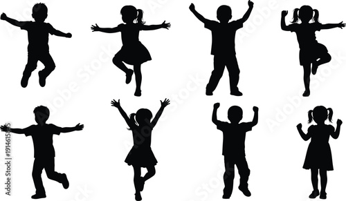 Happy children silhouettes jumping and dancing, joyful kids playing, childhood celebration vector illustration, group of diverse young boys and girls