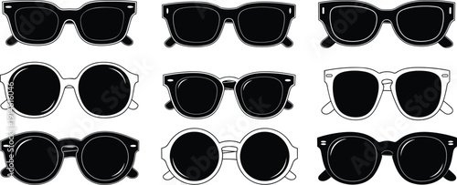Collection of stylish sunglasses silhouettes, various frame shapes, summer fashion eyewear icons, modern sun glasses set, trendy optical accessories, vector