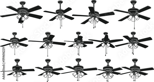 Set of ceiling fan silhouettes collection featuring modern home interior ventilation designs isolated on white background for electrical appliance illustration and decor concepts