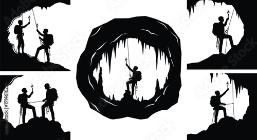 Silhouettes of cave explorers with torches, spelunking adventurers climbing with ropes, stalactite cavern exploration, underground hiking