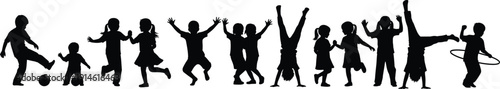 Silhouettes of active children playing, jumping, kicking soccer ball, doing handstands, and hula hooping in a joyful row on white background