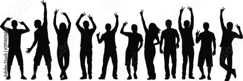 Cheering crowd silhouettes, happy people celebrating success together isolated on white background vector illustration