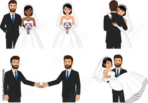 Set of Diverse Wedding Couple Illustrations Featuring Multicultural Bride and Groom Characters Hugging Holding Hands and Standing Together for Marriage Invitations and Romantic Graphics