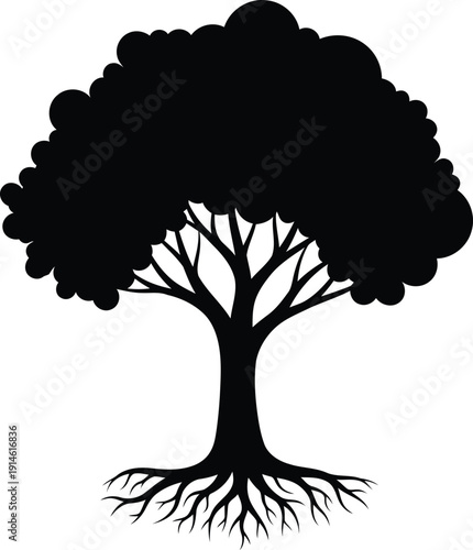 Black silhouette of a mature tree with visible roots and leafy canopy