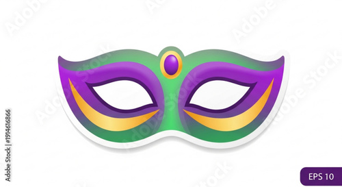 Vibrant mardi gras masquerade mask with purple green and gold details on white