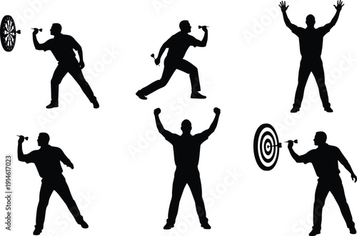 Dart player silhouettes set, man throwing darts hitting target success isolated on white background vector
