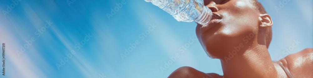 Fototapeta premium African Woman Drinking Water from a Bottle While Running Outdoors, Close Up View for Fitness Apps and Health Promotion Website Banner with Copy Space