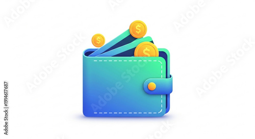 Blue wallet with gold coins and cash popping out symbolizing financial success