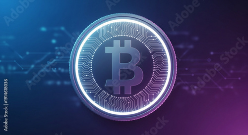 Cryptocurrency bitcoin symbol on neon blue purple background