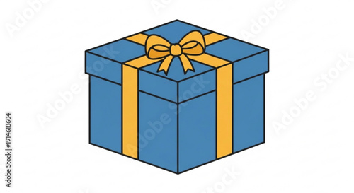 Blue gift box with yellow ribbon and bow on white background