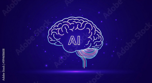 Artificial intelligence brain with glowing neon lines on dark blue background