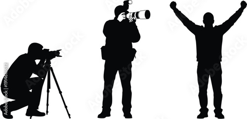 Photographer silhouette set, camera man shooting photo, professional photography concept with winning pose isolated