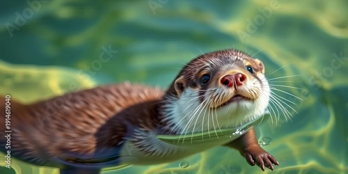 Close-up of a playful otter pup swimming in clear water, creature, mammalian