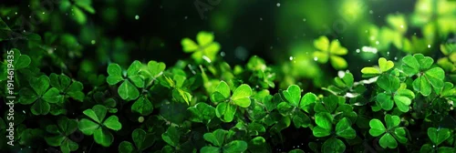 Panel kuchenny z motywem Lush green clovers glisten with dew under soft light, creating a serene and vibrant natural scene full of life.
