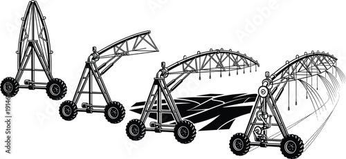 Silhouetted sequence of a modern industrial farm irrigation system unfolding from a folded transport position to full spray operation over a cultivated field
