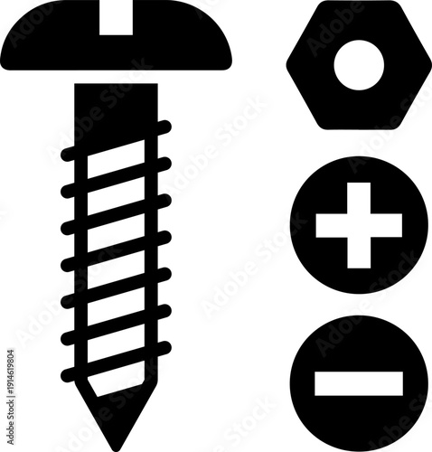 Black screw and bolt icons for industrial design and engineering projects