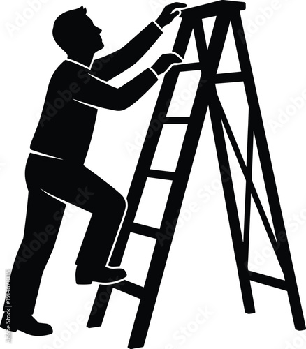 Black silhouette of a man climbing a wooden step ladder, professional technician or handyman performing maintenance work, isolated vector illustration for home improvement