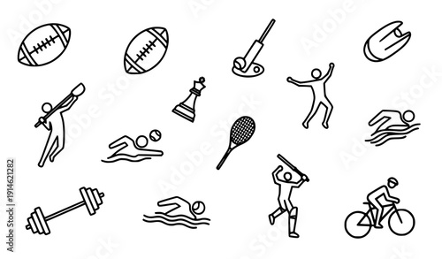 Dynamic Sports Symbols Scatter Vector Set with Football Cricket Tennis Golf Swimming Fitness and Chess Icons