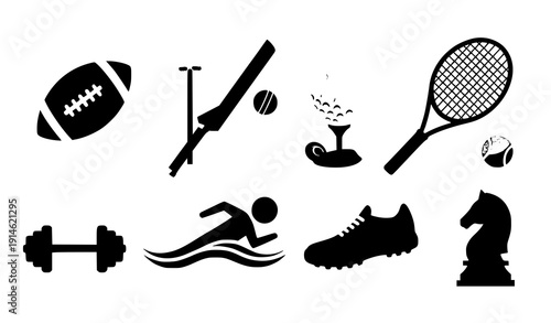 Colorful Flat Sports Icon Collection Vector with Football Cricket Tennis Golf Swimming Fitness and Chess