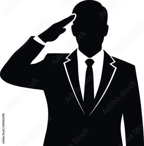Black silhouette of a professional businessman in a suit and tie performing a formal salute, symbolic of respect, patriotism, leadership, and corporate honor