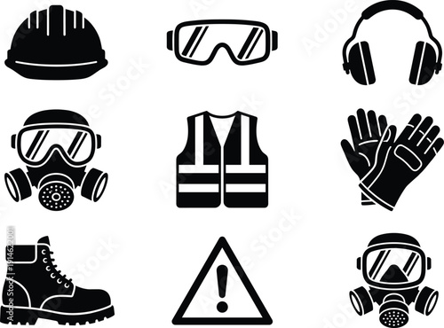 Black safety silhouettes set including hard hat, goggles, earmuffs, respirator mask, reflective vest, gloves, and boots icons for industrial construction and occupational health