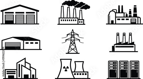 Black industrial silhouettes set including factory, warehouse, nuclear power plant, electrical tower, and server farm icons for energy, manufacturing, and global infrastructure projects