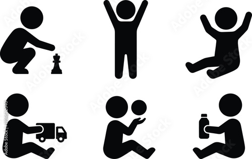 Black toddler silhouettes set including child playing with toy truck, ball, blocks, drinking bottle, and standing icons for parenting and early childhood development