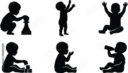Black baby silhouettes set including infant playing with blocks, drinking bottle, sitting, crawling, and reaching icons for childcare, parenting, and early childhood development