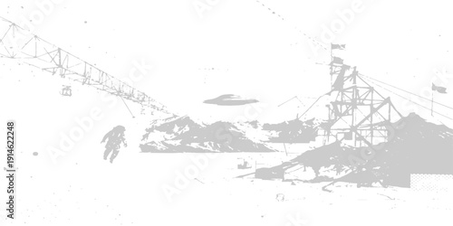Vintage sketch of a ship at sea with a vector illustration of a boat and mountain landscape featuring an industrial gas tower silhouette and urban architecture design