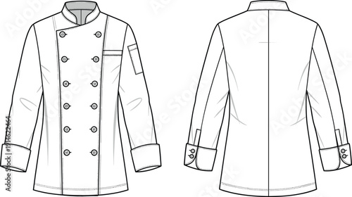 Technical fashion illustration of chef’s jacket front and back views with double-breasted buttons, stand collar, chest pocket, and sleeve pen pocket