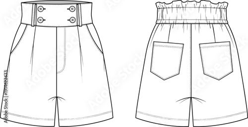 Technical fashion illustration of high-waisted shorts front and back views with pleats, buttons, elastic waistband, ruffle edge, and patch pockets