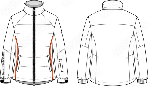 Technical fashion illustration of insulated jacket front and back views with high collar, zipper closure, quilted panels, and zippered pockets