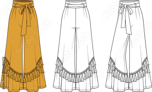Technical fashion illustration of high-waist skirt with tied belt, front slit, tassel details, flared silhouette, and stitching lines