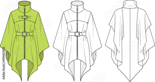 Technical fashion illustration of poncho-style jacket front and back views with high collar, zipper closure, belted waist, and buckle strap