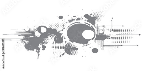 Abstract vector illustration featuring a grunge music background with speakers, black ink splashes, and retro floral design elements in a circular silhouette frame for an artistic sound banner