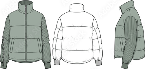 Technical fashion illustration of puffer jacket front, back, and side views with high collar, quilting, ribbed sleeves, and slanted pockets