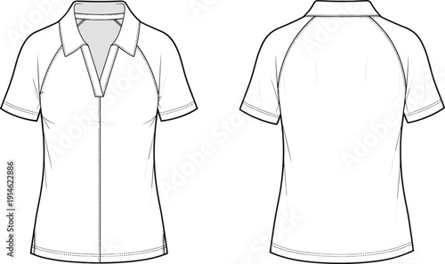 Technical fashion illustration of short-sleeve polo shirt front and back views with V-neckline, raglan sleeves, seam detailing, and collar