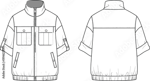 Technical fashion illustration of short-sleeve jacket front and back views with high collar, zipper closure, flap pockets, and elastic hem