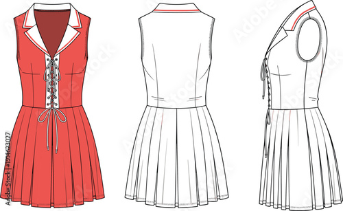 Technical fashion illustration of sleeveless dress front, back, and side views with pleated skirt, lace-up waist, and notched collar