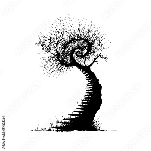 Whimsical tree with spiral top and staircase leading up the trunk in silhouette style art 100 characters