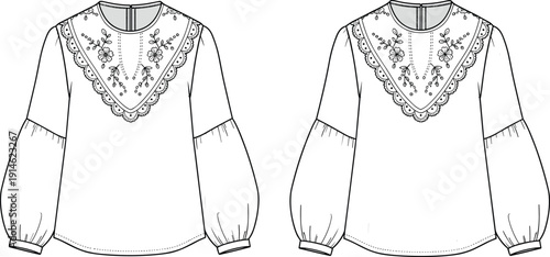 Technical fashion illustration of women’s blouse front and back views with embroidered yoke, scalloped edges, gathered sleeves, and button closure