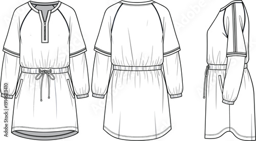 Technical fashion illustration of women’s casual dress with drawstring waist, zippered neckline, elastic cuffs, pockets, front back side views