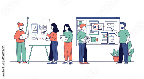 Team of professionals presenting and discussing design boards in a collaborative workshop